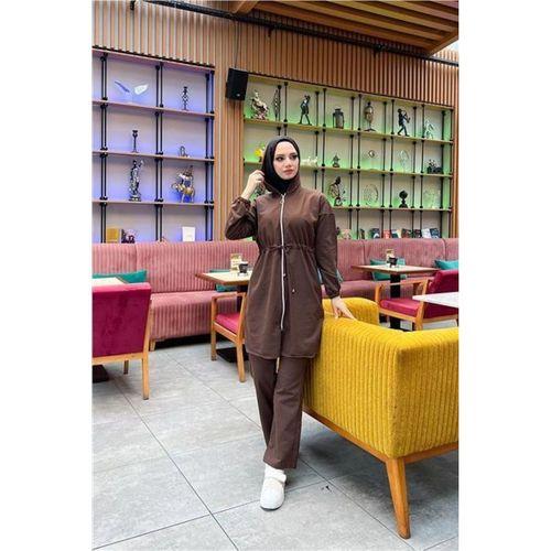 Kapşonlu Fermuarlı Belden Bağlamalı Sade Basic İkili Spor Takımı - 03070.028 - Kahverengi