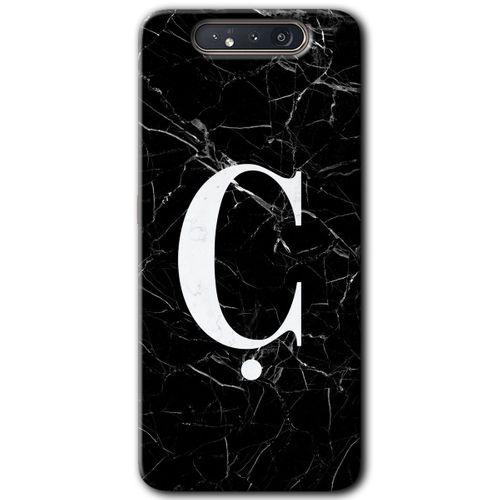 Samsung Galaxy A80 Kılıf Baskılı Kapak - Siyah Mermer Desenli Ç Harfi + 5D Tam Kaplayan Cam