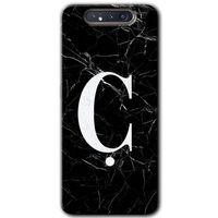 Samsung Galaxy A80 Kılıf Baskılı Kapak - Siyah Mermer Desenli Ç Harfi + 5D Tam Kaplayan Cam