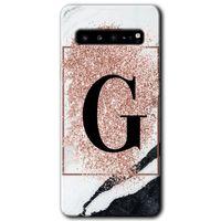 Galaxy S10 Plus Kılıf HD Desen Baskılı Arka Kapak - Pembe Mermer Desenli G Harfi