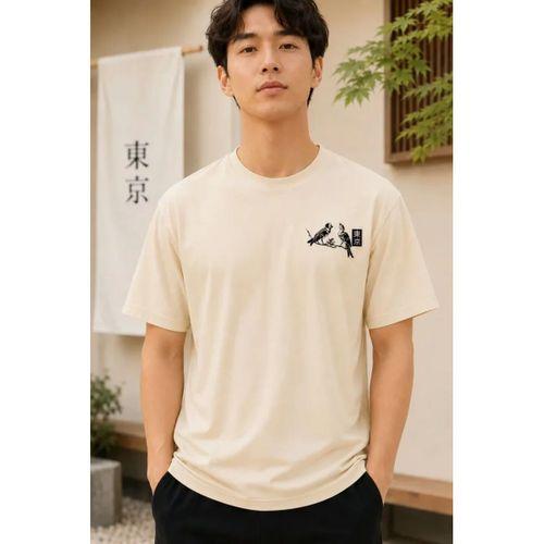 Erkek Ön Ve Arka Tokyo Kuş Çiçek Baskılı Oversize T-Shirt - Ekru