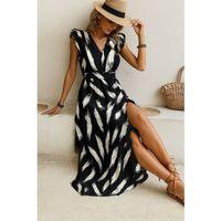 Kadın Kısa Kollu V Yakalı Desenli Yandan Yırtmaçlı Süprem Elbise