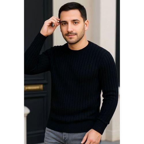 Erkek Fitilli Triko Kazak 2’li Set – Siyah - Beyaz, Kalın Dokuma Pamuklu Regular Fit Bisiklet Yaka Uzun Kollu Rahat Kışlık Kazak Kombini