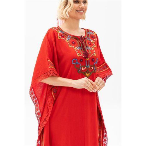 Kısa Kol Şile Bezi Gülseren Uzun Yazlık Otantik Elbise Kırmızı Krmz