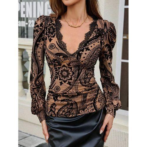 Kadın Uzun Kollu V Dantel Yakalı Modal Bluz