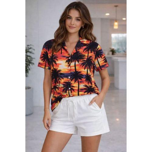 Tropikal Palmiye Desenli Gömlek Şort Takım Yazlık Rahat Kalıp - Desenli