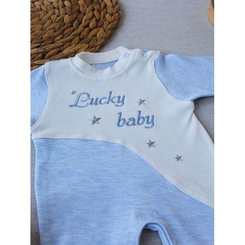 0-3 3-6 Ay Lucky Baby Nakışlı Es Çizgi Boy Şapkalı Erkek Bebek Tulumu Mavi