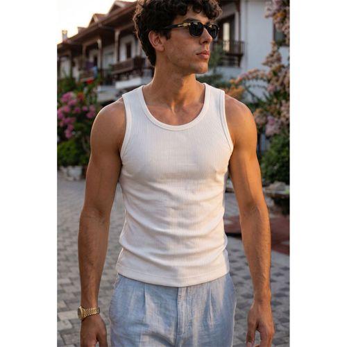 Valmont Premium Regular Fit Fitilli Kaşkorse Kumaş Erkek Atlet - Beyaz