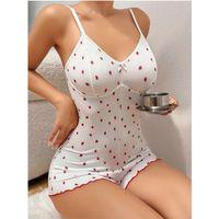 Pamuklu Beyaz Çilek Desenli Tulum Pijama