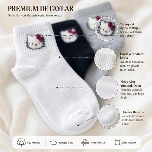 Kadın Sevimli Kedi Desenli Bilek Çorap 12'lı | %80 Pamuklu Dikişsiz, Siyah Beyaz Gri