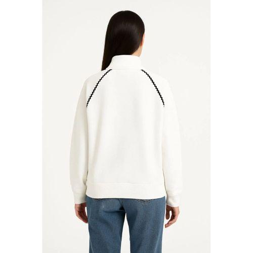 Oversize Dik Yaka Fermuarlı Sweatshirt - Zincir Nakışli Kanguru Cepli, - Beyaz