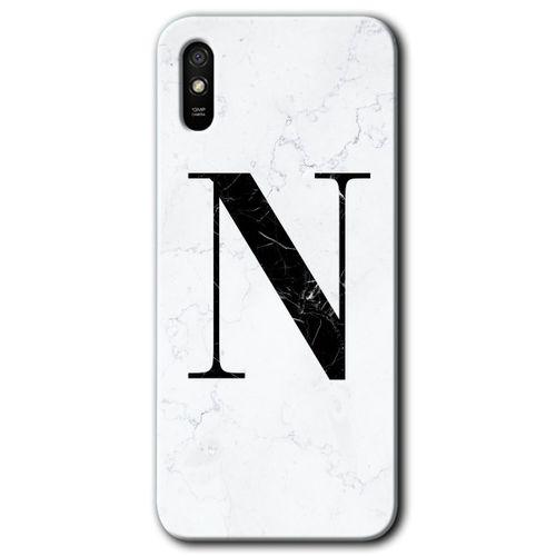 MRCİLETİSİM Xiaomi Redmi 9A Kılıf HD Desen Baskılı Arka Kapak+Temperli Cam - Beyaz Mermer Desenli N Harfi