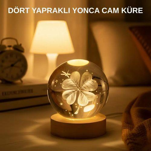Usb Bağlantılı Yonca Bitkili Cam Küre Ahşap Altlıklı Dekoratif Lamba