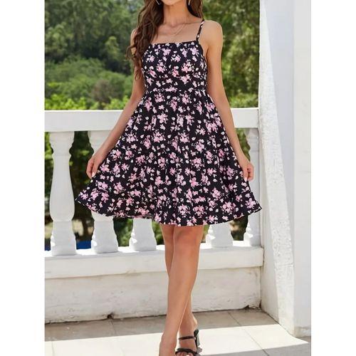 Kadın Askılı çiçek Desenli Süprem Mini Elbise