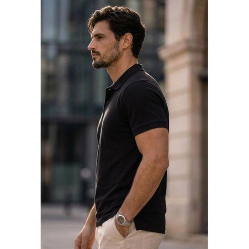 Orlando Polo Yaka Pike Kumaş Relaxed Fit Basic Düğmeli Relaxed Fit Erkek T-Shirt - Siyah