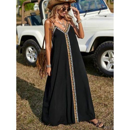 Kadın Askılı V Yakalı Etnik şerit Detaylı Uzun Viskon Elbise