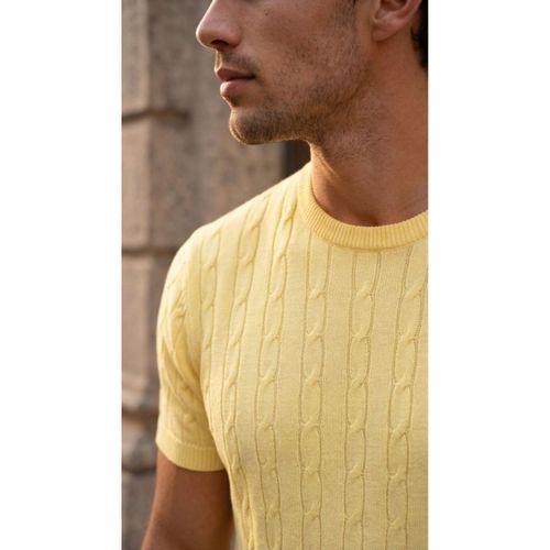 Erkek Örgü Desen Bisiklet Yaka Triko Tişört - %100 Pamuk Akrilik