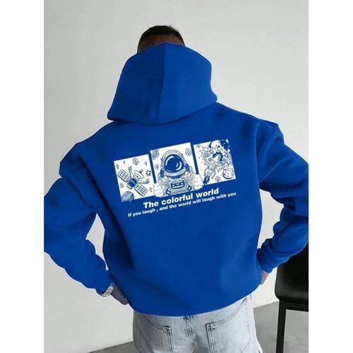 Erkek Kapüşonlu Oversize Üç İplik Pamuklu Astronot Temalı Renkli Dünya Baskılı - Saks Mavisi