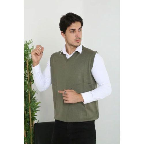 Erkek V Yaka Kolsuz Süveter Triko Kazak Yumuşak Dokulu Pamuklu Ince Dokuma Rahat Regular Kalıp - Haki