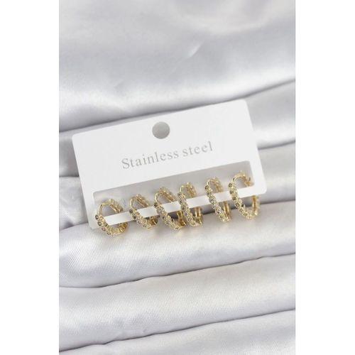 316L Çelik Gold Renk Zirkon Taşlı Halka Model Kadın Küpe Seti