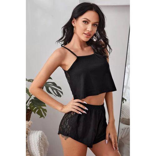 Kadın Siyah Arkası Komple Dantel Şortlu Gecelik Takım