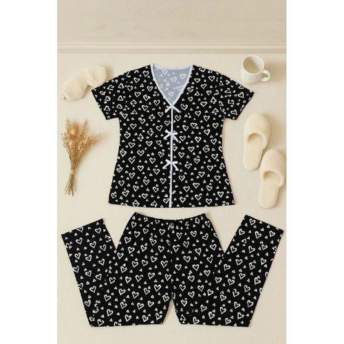 Kadın Siyah Beyaz Kalp Desenli Kısa Kollu Şık Pijama Takımı