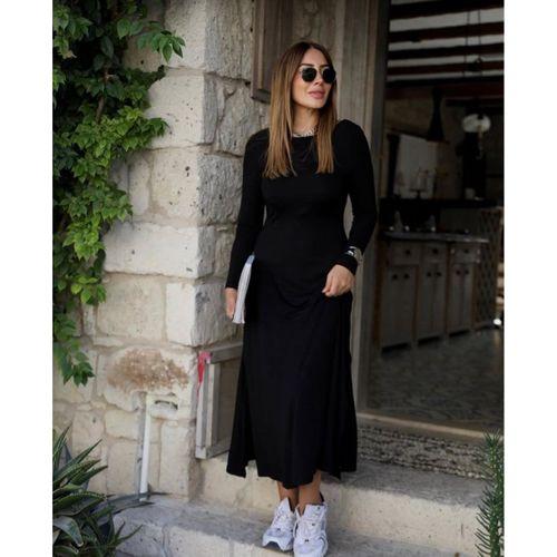 Kadın Uzun Kollu Bisiklet Yaka Arkası çapraz Detaylı Viskon Iki Iplik Maxi Elbise