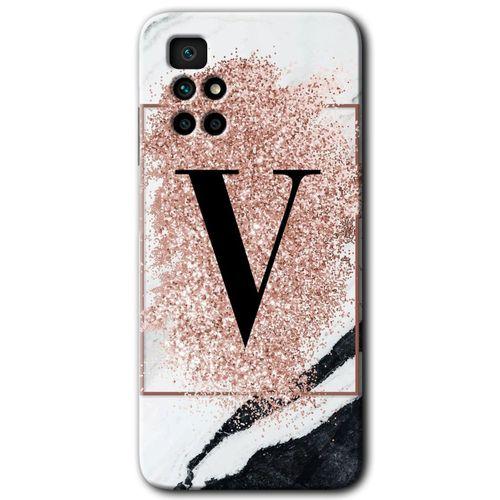 Potkal Hediye Fabrikası Xiaomi Redmi 10 Kılıf HD Desen Baskılı Arka Kapak - Pembe Mermer Desenli V Harfi