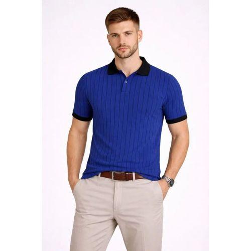Erkek Polo Yaka Çizgili Tişört Kısa Kol Düğmeli Yazlık T-Shirt - Saks Mavisi