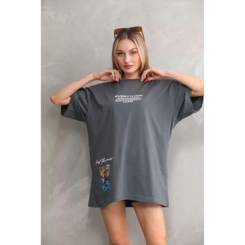 Pilelistore Unisex Bisiklet Yaka Baskılı Oversize T-Shirt - Gri