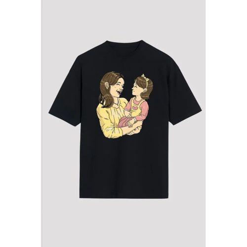 Anneler Günü Hediye Anne Kız Temalı Baskılı Oversize Bisiklet Yaka T-shirt - Siyah