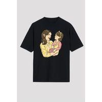 Anneler Günü Hediye Anne Kız Temalı Baskılı Oversize Bisiklet Yaka T-shirt - Siyah