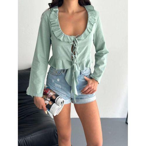 Keten Uzun Kol Bağacık Detaylı Bluz - Yeşil