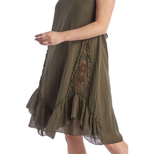 Kolsuz Haki V Yaka Yazlık Nakışlı Otantik Vual Kısa Elbise