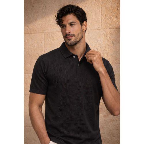 Evenor Kabartma Desenli Polo Yaka Düğmeli Relaxed FitYumuşak İnce Erkek T-Shirt - Siyah