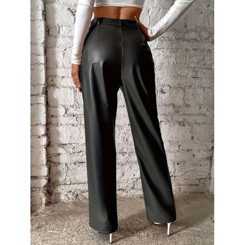 Kadın önden Fermuarlı Cepli Geniş Kesim Lame Deri Pantolon