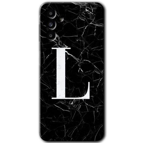 MRCİLETİSİM MRCİLETİSİM Samsung Galaxy M23 Kılıf HD Desen Baskılı Arka Kapak + Temperli Cam - Siyah Mermer Desenli L Harfi