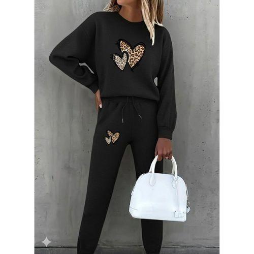 Kadın Uzun Kollu Bisiklet Yaka Kalp Desenli şardonlu üç Iplik Bluz Ve Pantolon Ikili Takım