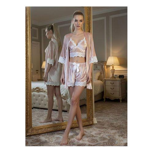 Pudra Kadife Dantelli Sabahlık & Gecelik Takım 3' Lü - 1438