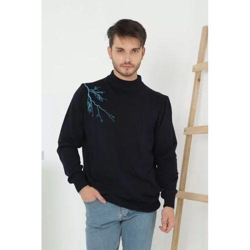 Unisex Yarım Boğazlı Baskılı Dokuma Triko - Siyah