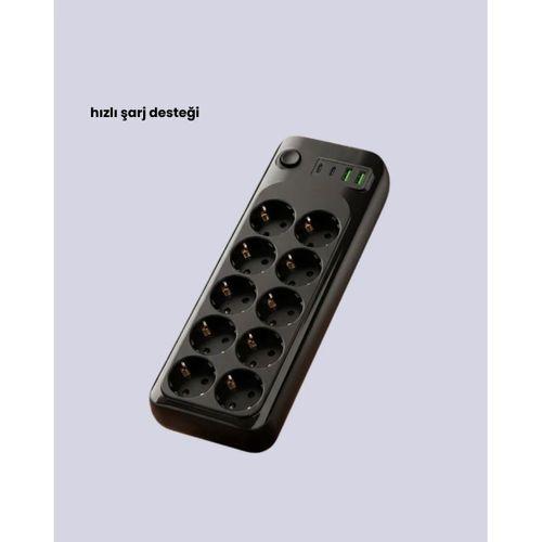 10’lu Çoklu Priz Termal Korumalı Usb Type-c Çıkışlı 2500w Uzatma Kablosu