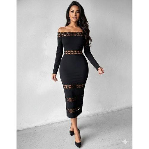 Kadın Uzun Kollu Madonna Dantel Yaka Yırtmaçlı Midi Dalgıç Elbise