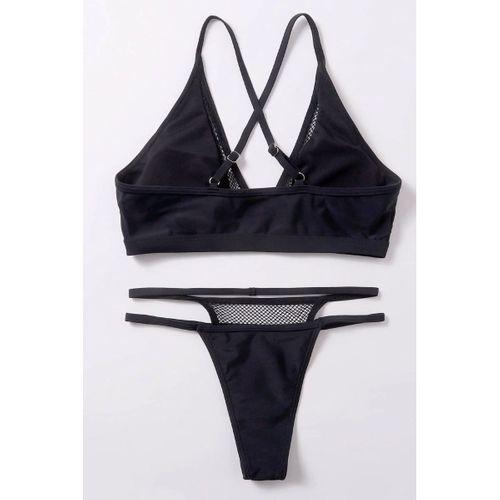 Siyah File Detaylı Şık Bikini Takımı Yüksek Bel Esnek Kumaş Yazlık Kadın Mayo Seti