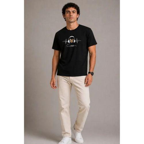 Erkek Müzik Temalı Baskılı Tişört Bisiklet Yaka Kısa Kol T-Shirt - Siyah