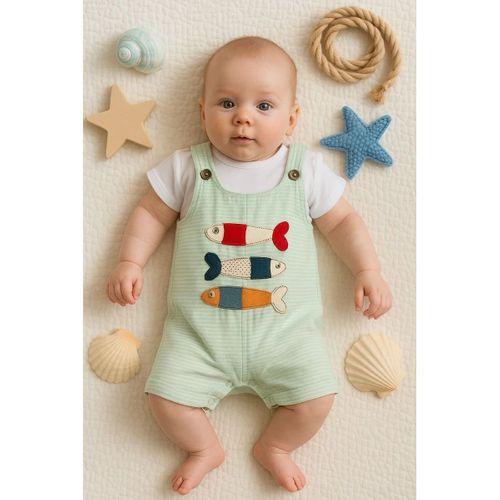 Balık Nakışlı Kısa Kollu Erkek Bebek Tulumu