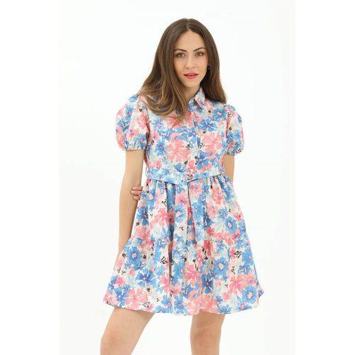 Gömlek Yaka Önü Düğmeli Beli Kuşaklı Çiçek Desen Elbise - Mavi