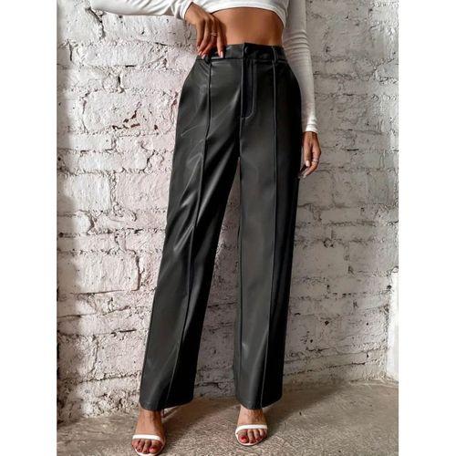 Kadın önden Fermuarlı Cepli Geniş Kesim Lame Deri Pantolon
