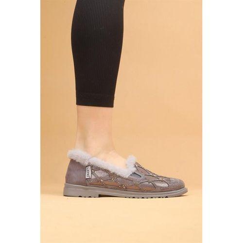 Selaro Gri Renkli Taşlı Desenli İçi Kürklü Kışlık Günlük Ayakkabı