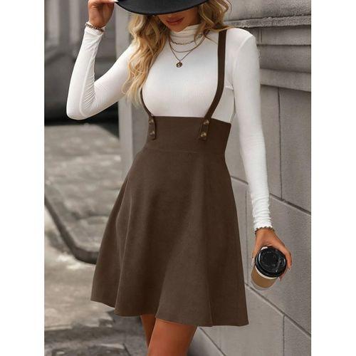 Kadın Askılı Düğmeli Mini Süet Elbise