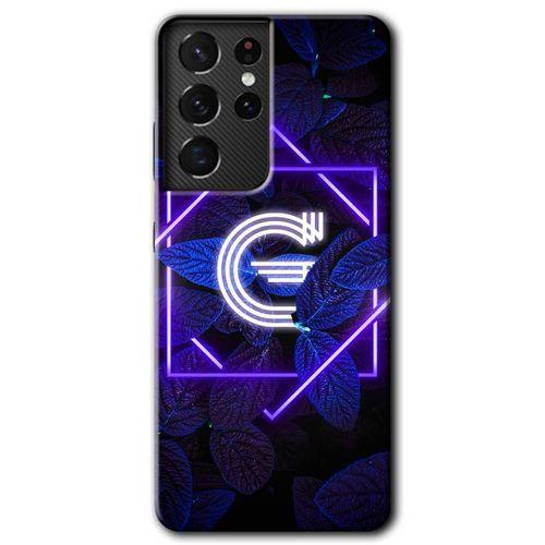 MRCİLETİSİM Samsung Galaxy S21 Ultra Kılıf HD Desen Baskılı Arka Kapak + Temperli Cam - Dark Neon Yaprak G Harfi